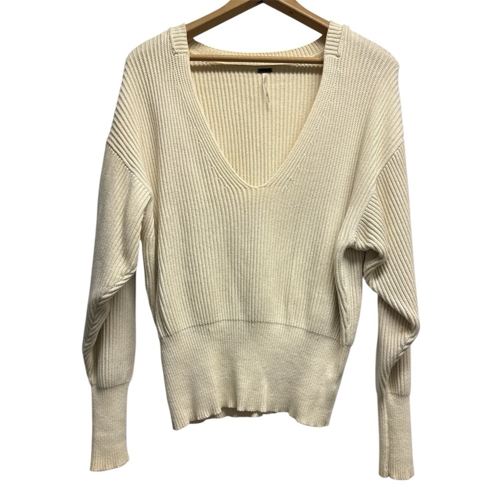 Free People Ivory Ribbed Knit V-Neck Pullover Sweater Women's Size S